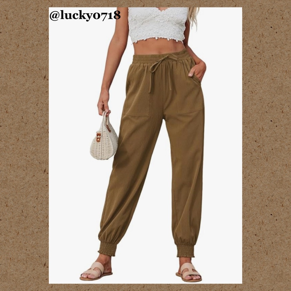 CUPSHE NWOT Brown Tapered Leg Smocked Drawstring High Rise Jogger Pant Sz S